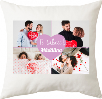 Perna personalizata patrata alba 4 poze model Te iubesc poliester 40 40 cm 