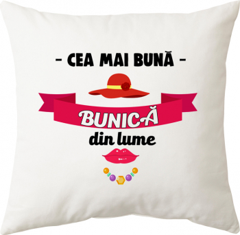 Perna personalizata patrata alba Cea mai buna bunica din lume poliester 40 40 cm 