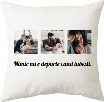 Perna personalizata patrata alba cu 3 poze si mesaj