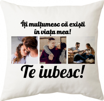 Perna personalizata patrata alba model Iti multumesc ca existi in viata mea poliester 40x40cm 