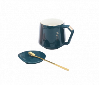Set cana de cafea cu capac si lingurita ceramica verde 300 ml 