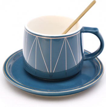 Set cana de cafea cu farfurie si lingurita ceramica albastru 250 ml 