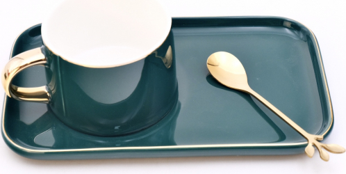 Set cana de cafea cu tavita si lingurita elegant verde 220 ml 