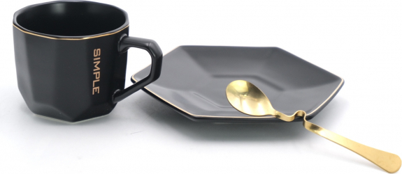 Set cana de cafea simpla cu farfurie si lingurita ceramica negru 180 ml