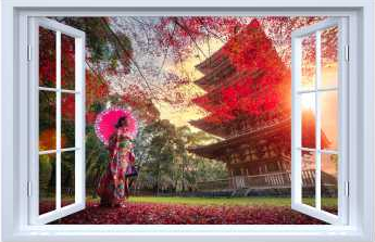 Sticker fereastra fantezie 3D 130 x 85 cm fata in chimono traditional japonez 