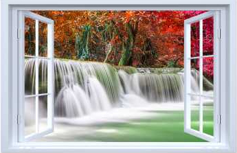 Sticker fereastra fantezie 3D 150 x 100 cm cascada in mijlocul padurii vara 