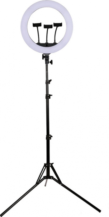 Lampa circulara LED cu trepied Quasar and Co. d 46 cm 3 suporturi de telefon telecomanda inaltime reglabila trepied 67-150 cm 