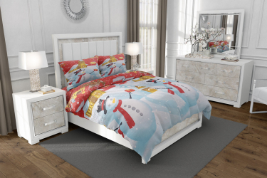 Lenjerie de pat matrimonial cu husa de perna patrata Happy Snowman bumbac satinat multicolor 4 piese 