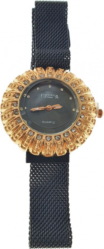 Ceas Francesca di Geneva afisaj analog cu cristale carcasa 35 x 8mm curea magnetica latime 16mm negru cu auriu 