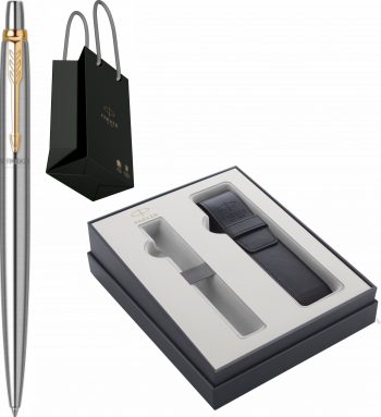 Pix Parker Jotter Royal Stainless Steel GT Personalizat prin Gravura Laser in Cutie cu Etui Piele Parker Focus Collection si Punga Parker 