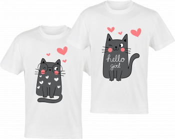 Tricou indragostiti colectia LOVE logo HELLO GIRL CAT din bumbac alb marimea S-2XL 