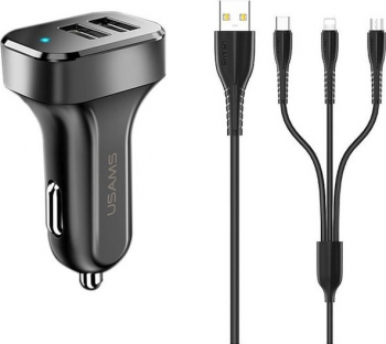 Incarcator Auto Usams C13 2x Usb 2.1a Cu Cablu 3 In 1 microusb/lightning/type-c Negru - Ntu35ytsc13tz 