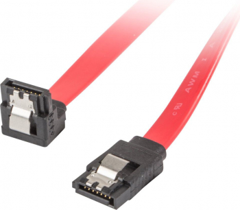 Cablu de date SATA III mama in unghi de 90 grade la SATA III mama drept Lanberg 6 Gb/s 30 cm cu cleme de blocare rosu 