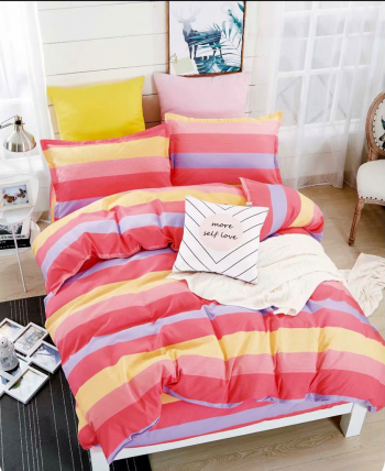 Lenjerie de pat matrimonial cu husa elastic pat si fata perna dreptunghiulara Pilons bumbac mercerizat multicolor 