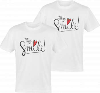 Set tricouri indragostiti colectia LOVE logo YOU MAKE ME SMILE din bumbac albe marimi S-2XL 