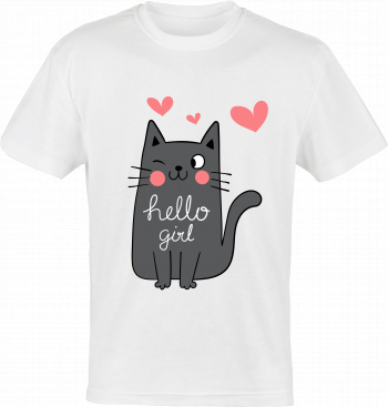 Tricou indragostiti colectia LOVE logo HELLO GIRL CAT din bumbac alb marimea M 