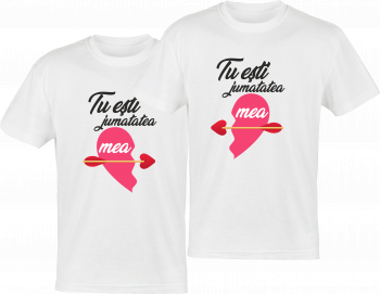Tricou indragostiti colectia LOVE logo TU ESTI JUMATATEA MEA INIMA cu chenar din bumbac alb marimea S-2XL 
