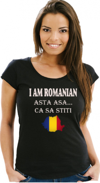 Tricou personalizat unisex NEGRU bumbac logo I AM ROMANIAN ASTA ASA CA SA STITI marimea XL 