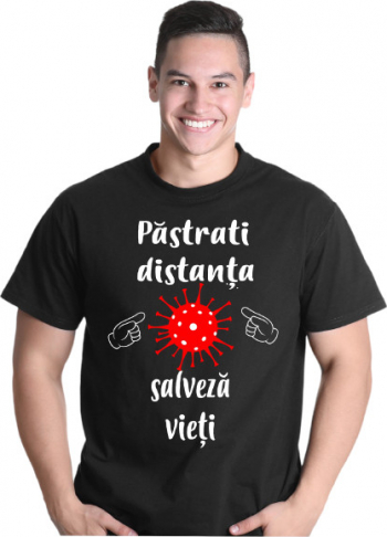 Tricou personalizat unisex negru logo PASTRATI DISTANTA SALVEAZA VIETI marimea XL 
