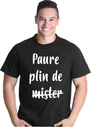 Tricou personalizat unisex negru logo PAURE PLIN DE MISTER marimea S 
