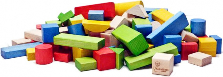Kit constructie 50 cuburi din lemn multicolore 