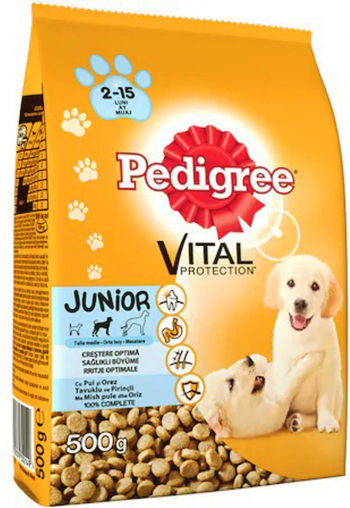 Hrana Uscata Pedigree Junior Caini Talie Medie Pui si Orez 500 g 