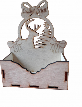 Cutie mare pentru Aranjamente Florale de Craciun Model Craciun fericit cu fundite debitat Lemn 20x9 cm CC06 