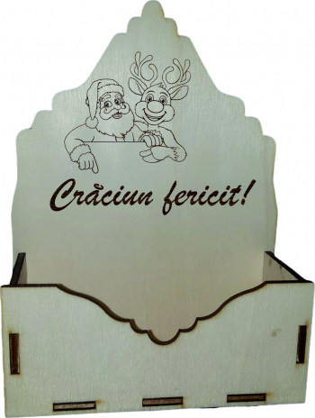 Cutie mare pentru Aranjamente Florale de Craciun Model Craciun Fericit cu Rudolf si Mos Craciun Lemn 20x9 cm CC32 