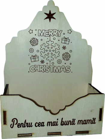 Cutie mare pentru Aranjamente Florale de Craciun Model Merry Christmas Lemn 20x9 cm CC28 