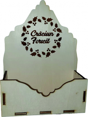 Cutie mica pentru Aranjamente Florale de Craciun Model coronita Craciun Fericit Lemn 15x7 cm CC30 