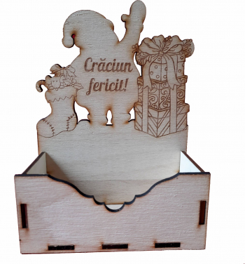 Cutie mica pentru Aranjamente Florale de Craciun Model cu Mos Craciun debitat Lemn 15x7 cm CC09 