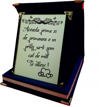 Placheta cu urare de primavara Model Te iubesc Cutie Catifea Bleu 20.5 x 16cm 