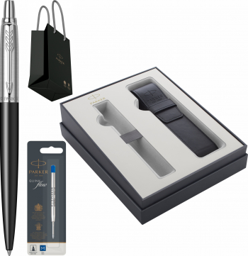 Pix Parker Jotter Royal Bond Street Black CT personalizat cu rezerva mina pix Quink Flow Albastru M/ F in cutie cu etui piele si punga 