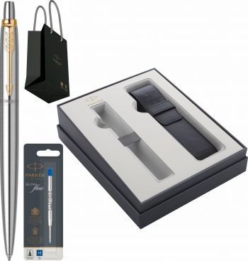 Pix Parker Jotter Royal Stainless Steel GT personalizat cu rezerva mina pix Quink Flow Albastru M/F in cutie cu etui piele si punga 