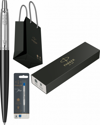 Set Parker Pix Jotter Royal Bond Street Black CT personalizat prin gravura laser cu rezerva pix Quink Flow Albastru M/ F in cutie si punga 