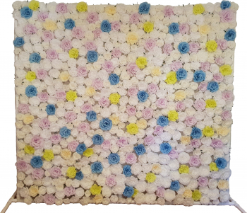 Panou floral cu trandafiri albi bleu lila galbeni si vernil 