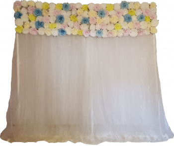 Panou floral cu voal si trandafiri albi beu lila galbeni si vernil model 2 