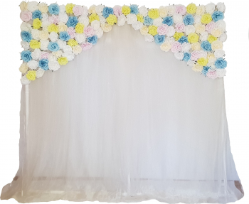 Panou floral cu voal si trandafiri albi bleu vernil galbeni si lila model 1 