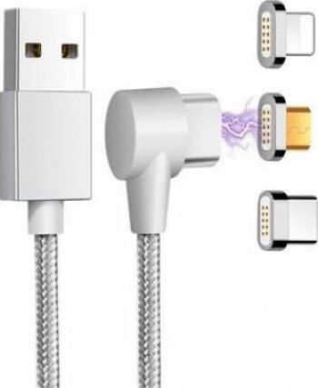 Cablu de date si incarcare magnetic rotativ 3 in 1 Lightning Type-C micro-USB 540 grade cu incarcare rapida Alb