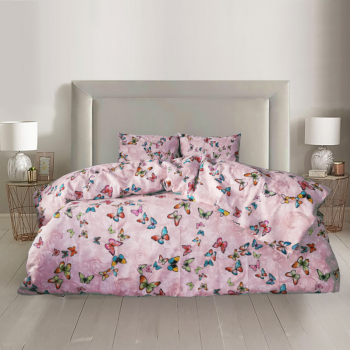 Lenjerie de pat pentru o persoana cu husa de perna patrata Pink flies bumbac satinat gramaj tesatura 120 g/mp multicolor 3 piese 