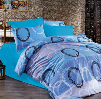 Lenjerie de pat matrimonial SUPER cu husa de perna patrata Blue circles bumbac satinat gramaj tesatura 120 g/mp multicolor 