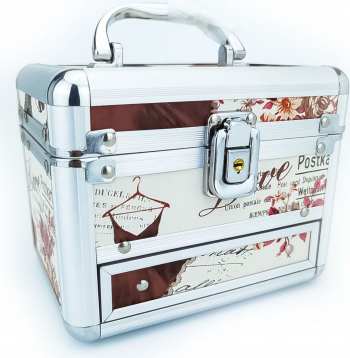 Caseta de bijuterii cu sertar oglinda si maner imprimeu postcard aluminiu 16cm Doty 