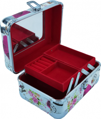 Cutie de bijuterii Big Trunk din material de calitate model balerina detalii culoare roz usor de transportat detalii argintii 2 nivele 2 