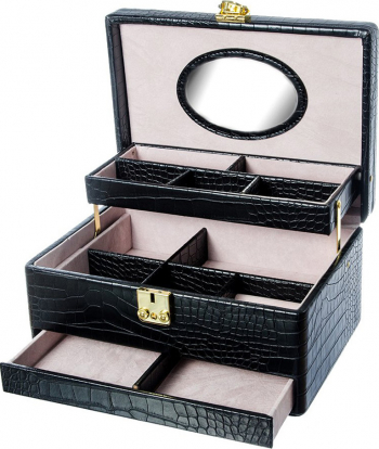 Cutie de bijuterii Black Moon din piele ecologica tip croco 3 niveluri eleganta compartimentata contine oglinda interioara ovala culoare 