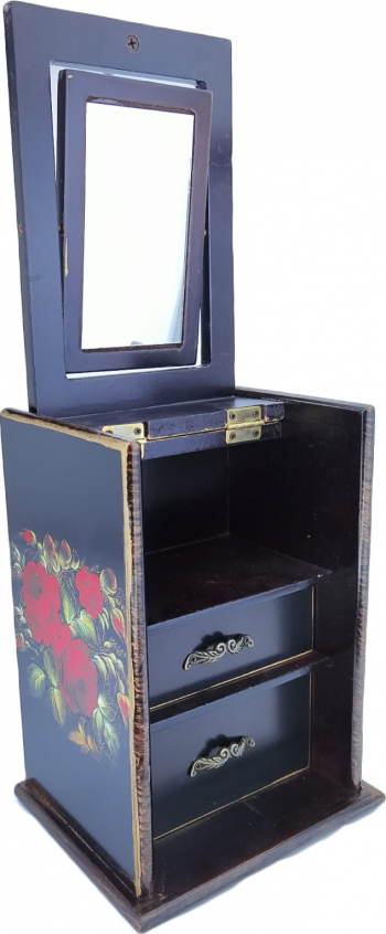Cutie de bijuterii din lemn de calitate culoare neagra cu tradafiri contine sertare pentru bijuterii si oglinda 22 cm inaltime doty 