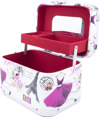 Cutie de bijuterii Giga Trunk Paris din material de calitate usor de transportat detalii argintii 2 nivele 2 cheite multicolor 22 cm doty 