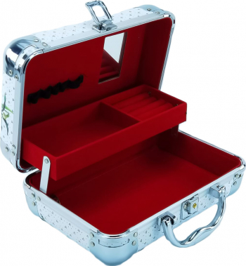 Cutie de bijuterii Kate tip servieta din material de calitate usor de transportat detalii argintii 2 nivele 2 cheite model Paris 25 cm doty 