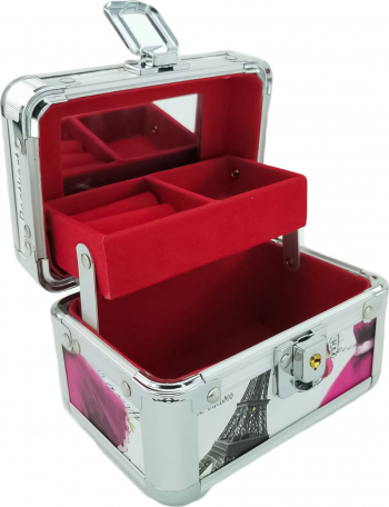 Cutie de bijuterii Middle Trunk Paris din material de calitate usor de transportat detalii argintii 2 nivele 2 cheite multicolor 13 cm doty 