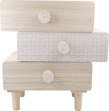 Cutie de bijuterii Pallas din lemn cu 3 sertare spatioase lucrata cu atentie la detalii aspect rustic forma asimetrica 31 x 30 cm bej Doty
