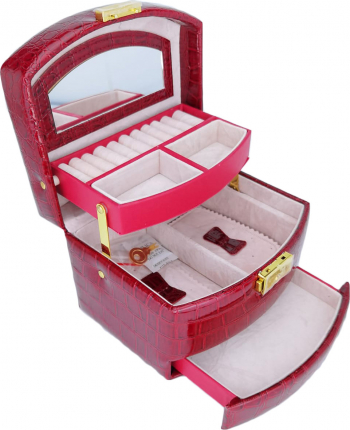 Cutie de bijuterii Secret Love din piele ecologica tip croco eleganta stil cufar contine cheie culoare rosie 15 cm doty 